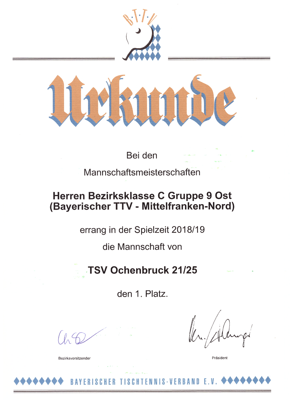 Urkunde für den 1. Platz der Herren 1 in der Saison 18/19