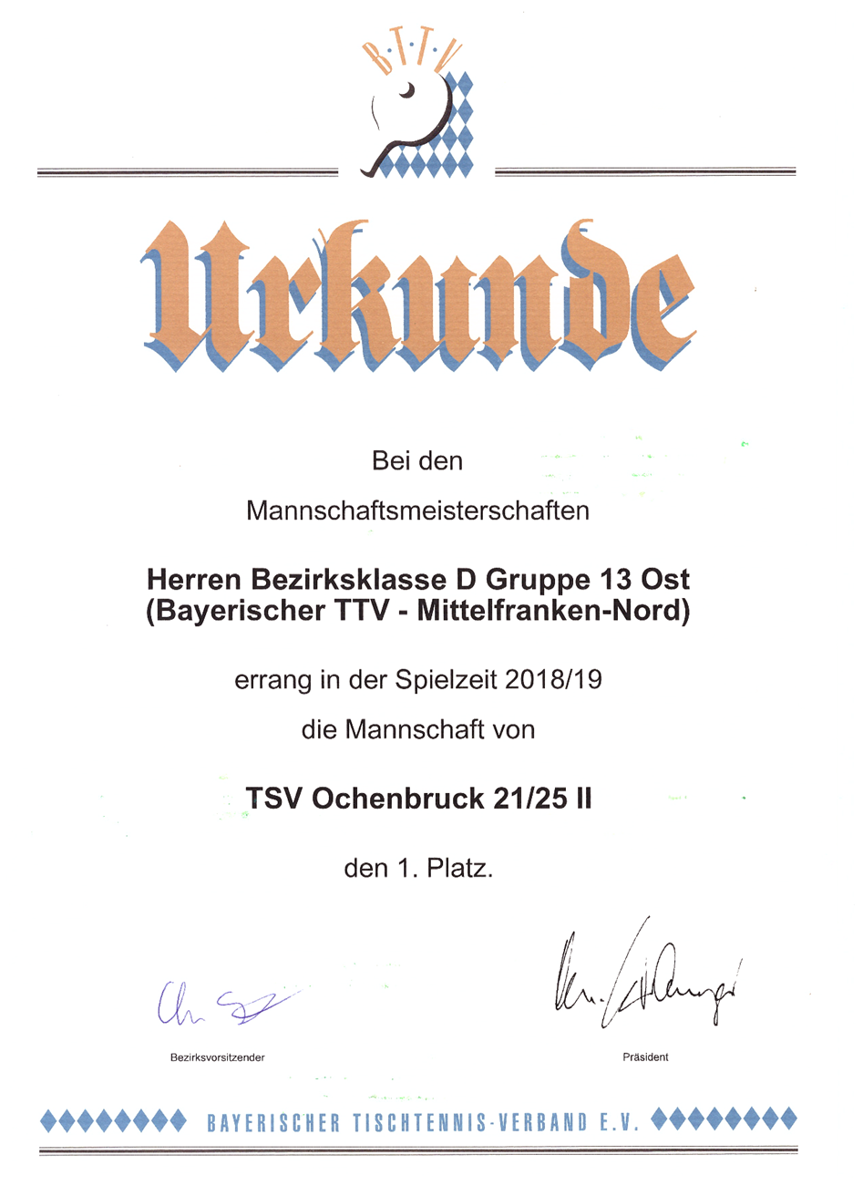 Urkunde für den 1. Platz der Herren 2 in der Saison 18/19